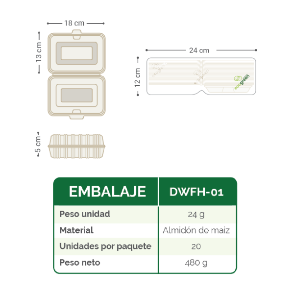 PORTACOMIDA BIODEGRABABLE ECOGREEN SIN DIV CJ1 X20 UNDS ESTANDAR NATURAL DWFH-01 - Image 2