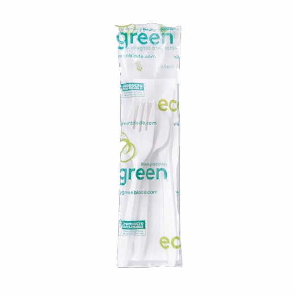 SET BIODEGRADABLE ECOGREEN CUCHARA SOPA + TENEDOR + CUCHILLO + SERVILLETA PWFS-14