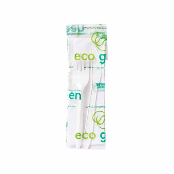 SET BIODEGRADABLE ECOGREEN TENEDOR + CUCHILLO + SERVILLETA PWFS-13