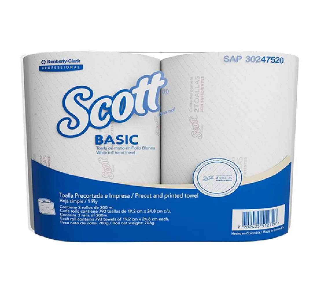 TOALLA DE MANOS SCOTT 2X200MTS 30247520 BLANCA BASIC PRECORTADA